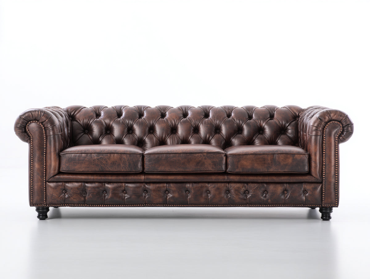 Sofás 3 plazas 225x90x78 cm - tapizado marrón efecto cuero - diseño Chesterfield clásico