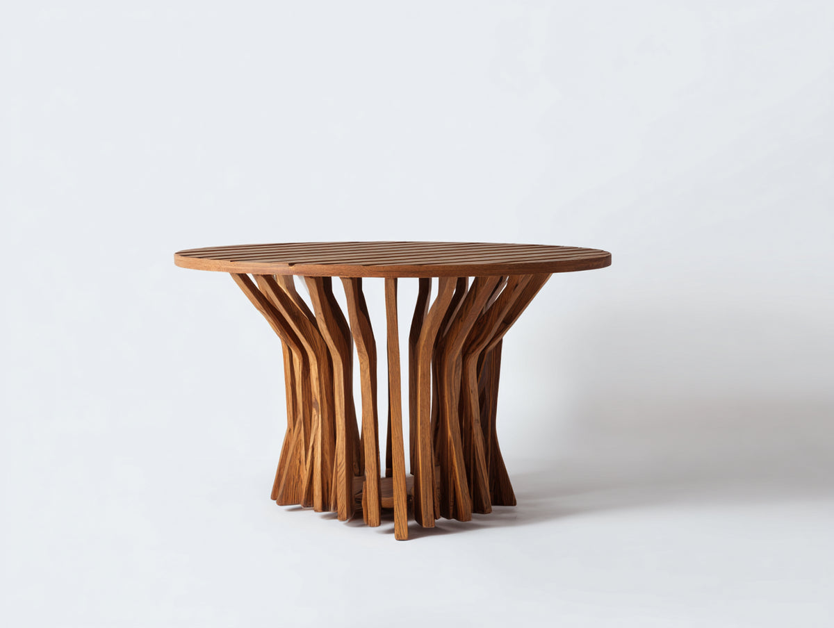 Mesas de jardín de madera maciza 120x120x76 cm - marrón - diseño redondo con base escultórica