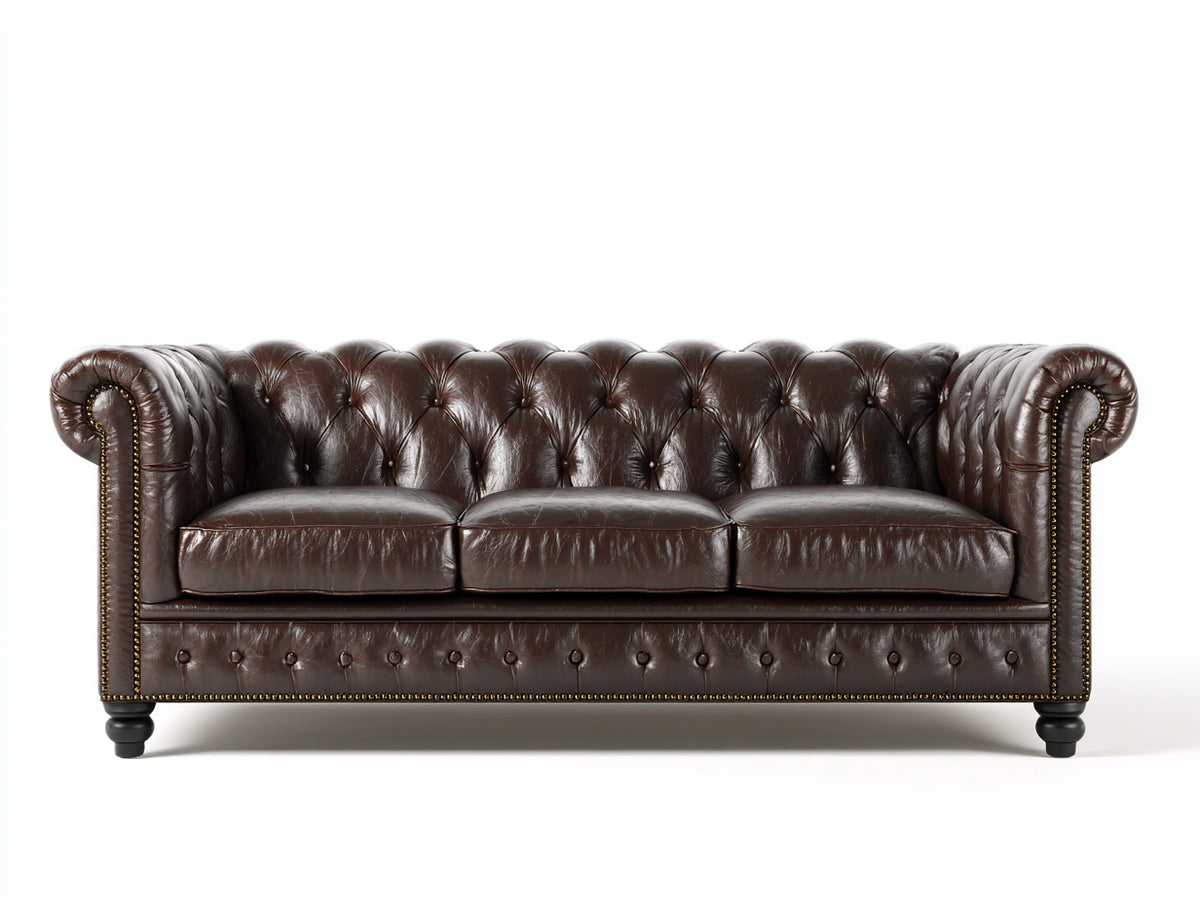 Sofás 3 plazas de piel sintética 225x92x78 cm - marrón oscuro - estilo Chesterfield para salón
