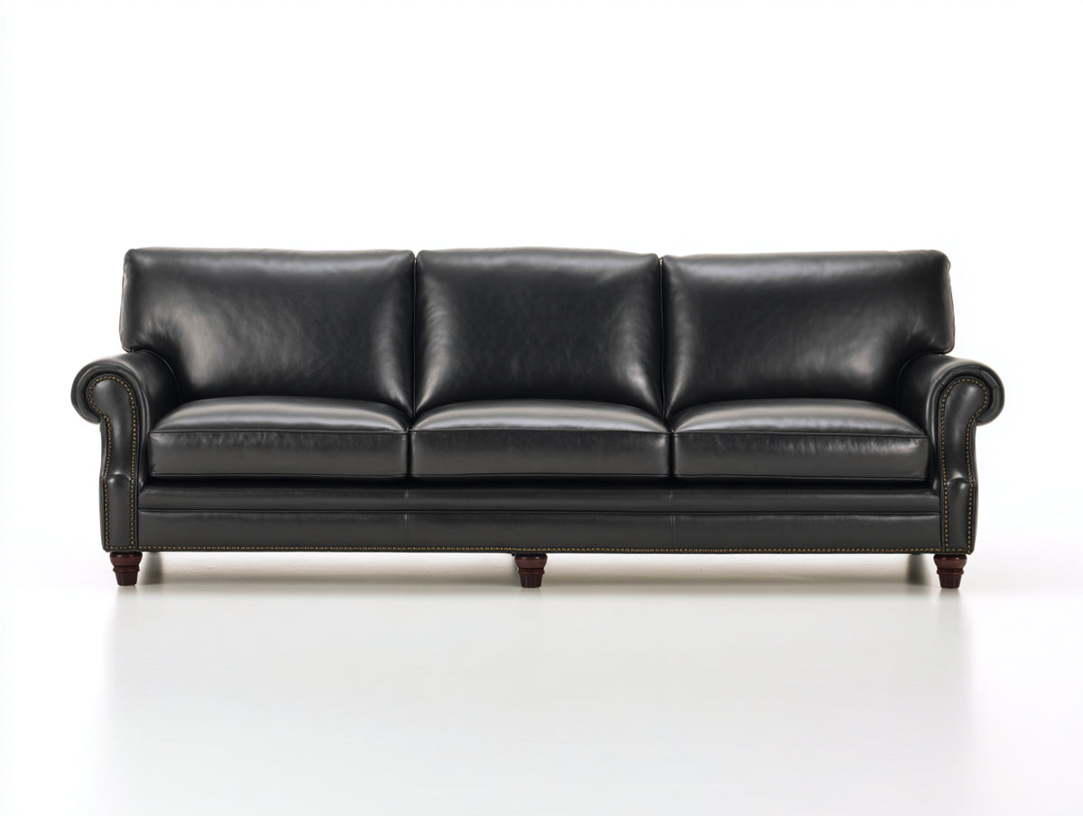 Sofás 3 plazas 220x88x86 cm - tapizado negro efecto cuero y patas de madera - diseño clásico